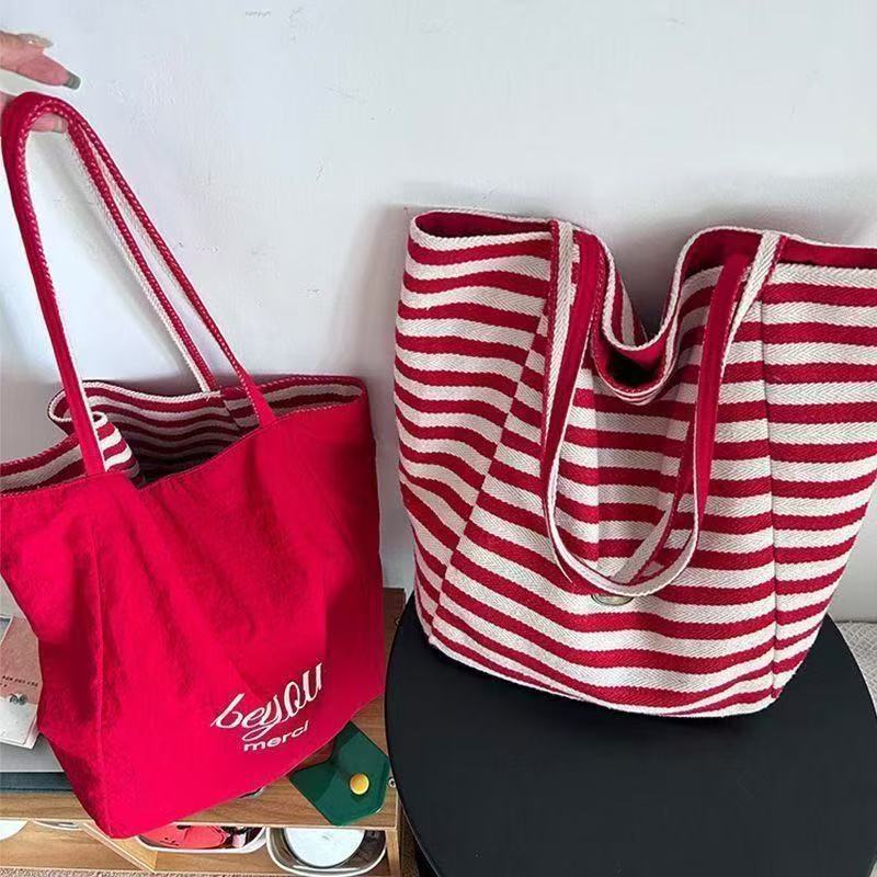 2025 Summer Striped Canvas Bag Korean Ins Lazy Style Tote Bag Student Large Capacity Casual Shoulder Bag for Women