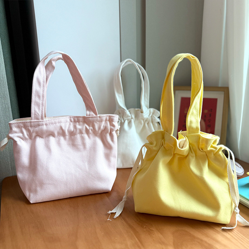 Handheld Bag Japanese Style Tote Lunch Bag Large Capacity Solid Color Drawstring Lunch Box Bag Wholesale Fresh Style Drawstring Canvas Bag